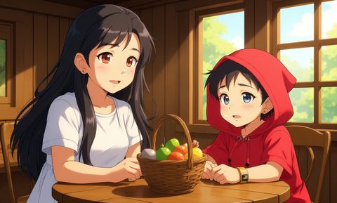 A manga panel generated on genkos.app: two characters at a wooden table with a basket of fruit, drawn in cel-shaded anime style.